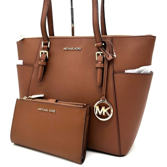 Michael Kors Large Charlotte Tote Bag & Large Double Zip Wallet Luggage Brown - Picture 1 of 14